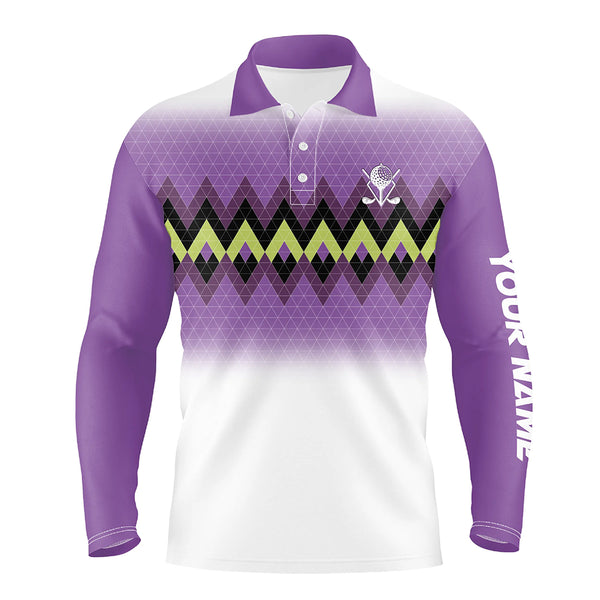 Purple graphic stripe argyle pattern custom Mens golf polo shirts, personalized mens golf tops NQS7611