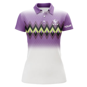 Purple graphic stripe argyle pattern custom Womens golf polo shirts, personalized ladies golf tops NQS7611