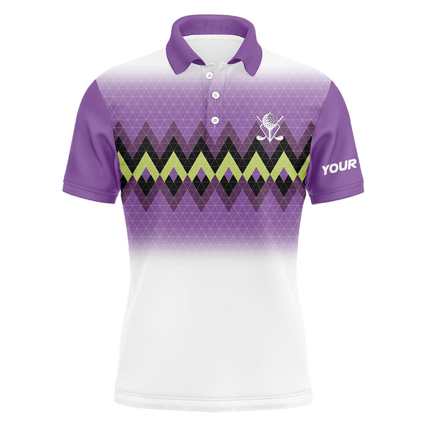 Purple graphic stripe argyle pattern custom Mens golf polo shirts, personalized mens golf tops NQS7611