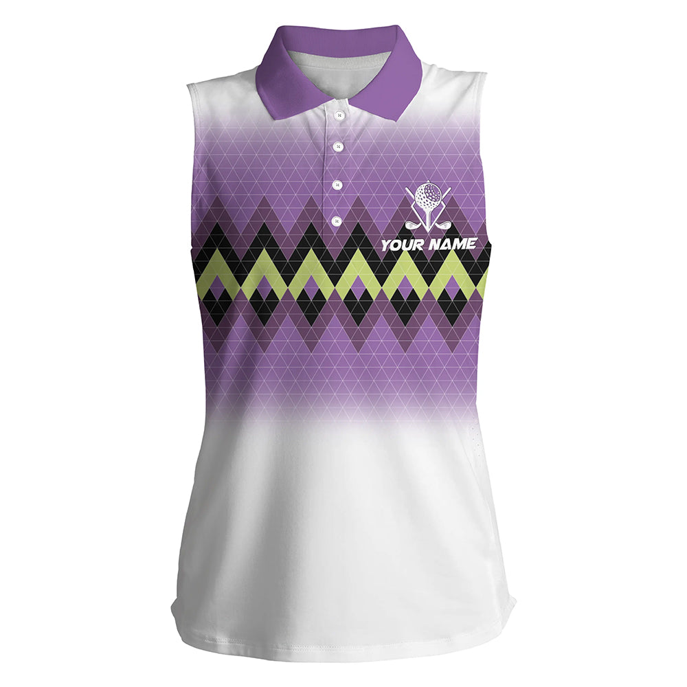 Purple graphic stripe argyle pattern custom Womens sleeveless golf polo shirts, ladies golf tops NQS7611