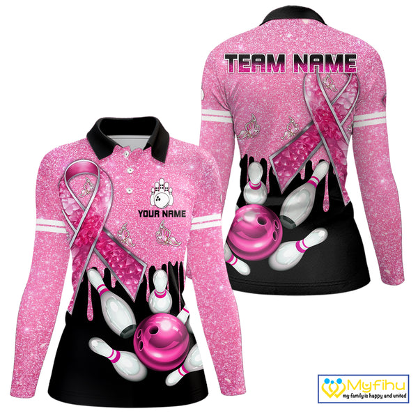 Black and Pink ribbon glitter Bowling Shirts For Women Custom breast cancer team bowling jerseys NQS9950