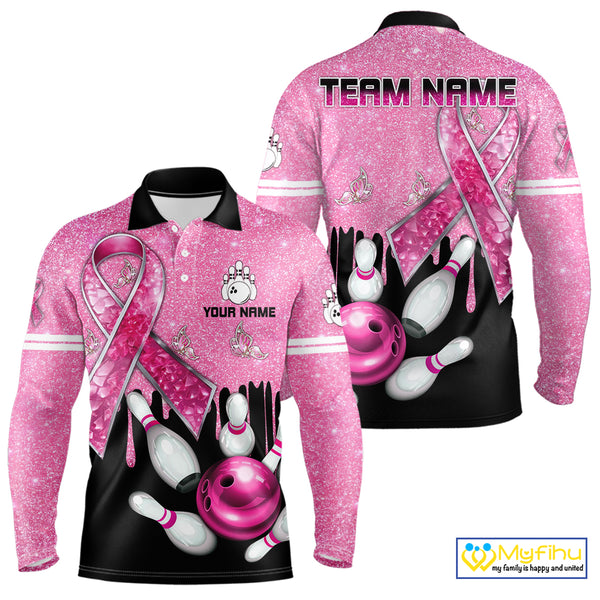 Black and Pink ribbon glitter Bowling Shirts For Men Custom breast cancer team bowling jerseys NQS9950