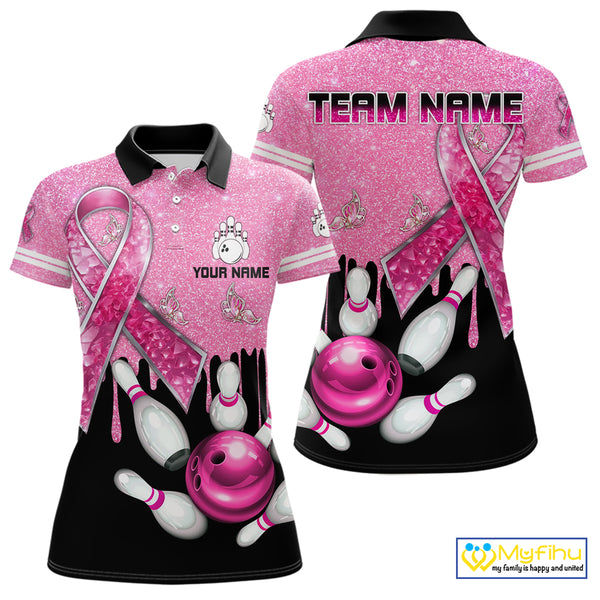 Black and Pink ribbon glitter Bowling Shirts For Women Custom breast cancer team bowling jerseys NQS9950