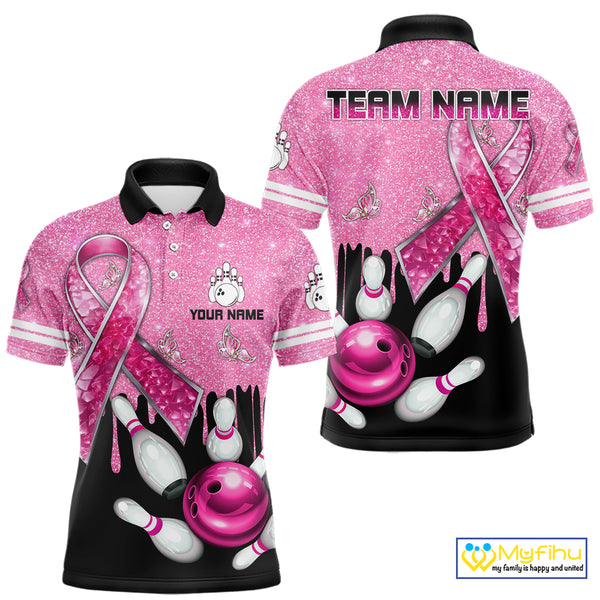 Black and Pink ribbon glitter Bowling Shirts For Men Custom breast cancer team bowling jerseys NQS9950