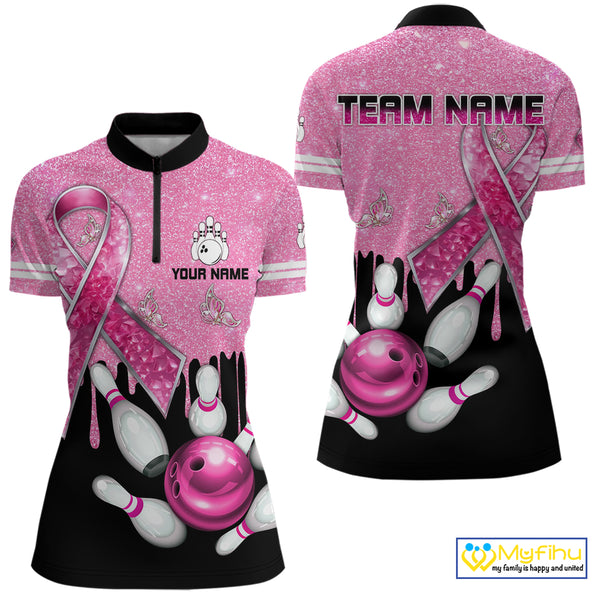 Black and Pink ribbon glitter Bowling Shirts For Women Custom breast cancer team bowling jerseys NQS9950