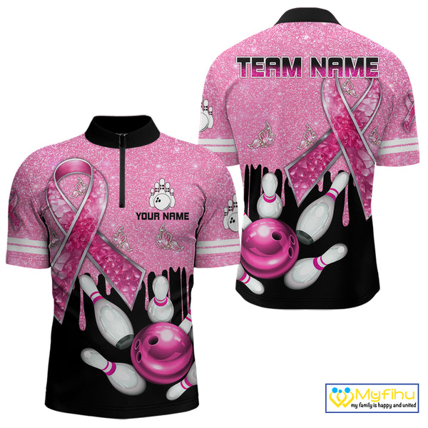 Black and Pink ribbon glitter Bowling Shirts For Men Custom breast cancer team bowling jerseys NQS9950
