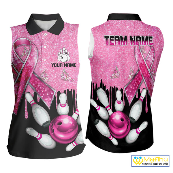 Black and Pink ribbon glitter Bowling sleeveless polo Shirt Custom breast cancer team bowling jerseys NQS9950