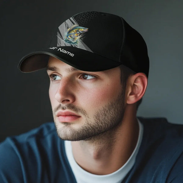 Personalized Black camo Walleye Fishing baseball cap, Walleye fishing hats for men, women NQS9954