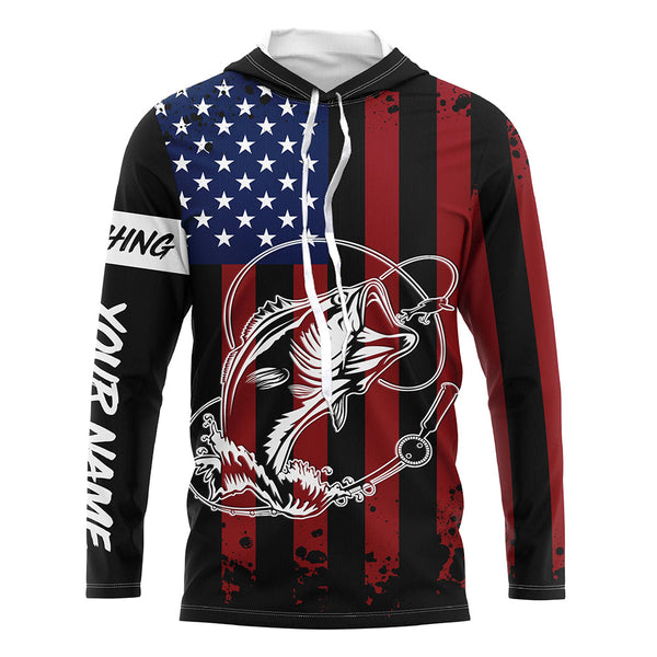 Black American flag Bass fishing tattoo customize performance long sleeves patriotic Fishing shirts NQS6131