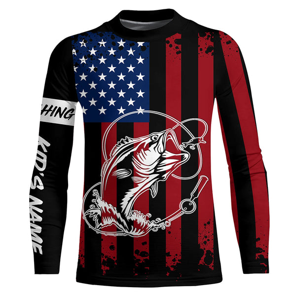 Black American flag Bass fishing tattoo customize performance long sleeves patriotic Fishing shirts NQS6131