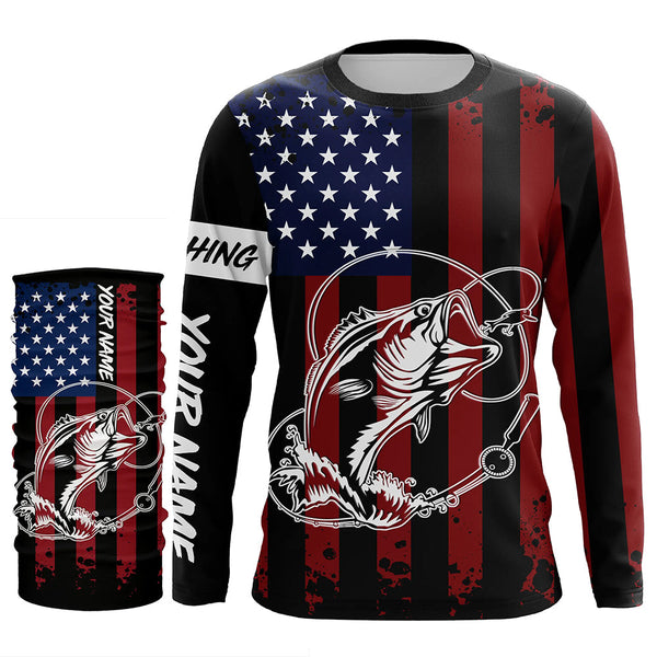 Black American flag Bass fishing tattoo customize performance long sleeves patriotic Fishing shirts NQS6131