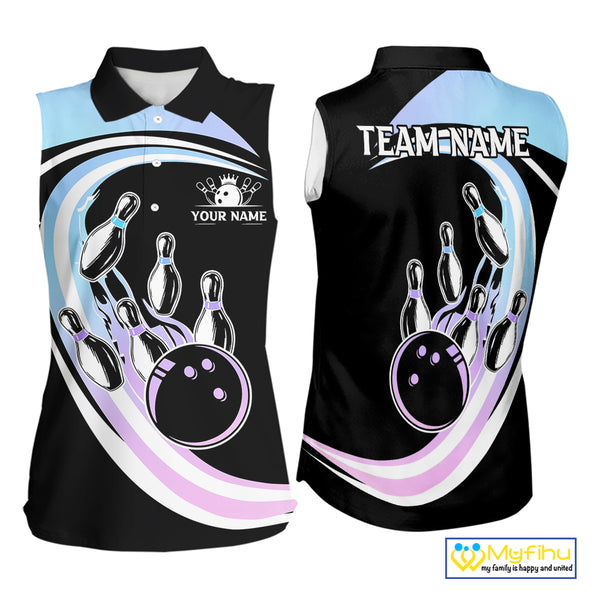 Blue Purple Gradient Bowling Sleeveless Polo Shirt Custom Bowling Team League Jersey, Gift For Bowler NQS10432