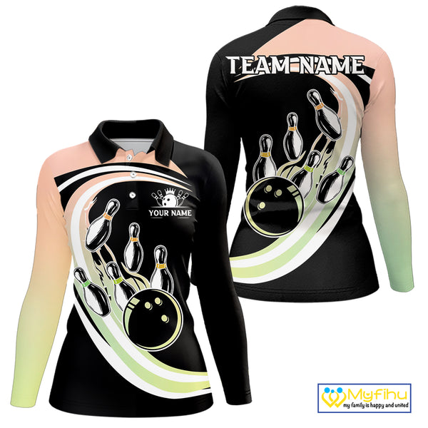 Pink and Green Gradient Bowling Shirts For Women Custom Bowling Team League Jersey, Gift For Bowler NQS10433