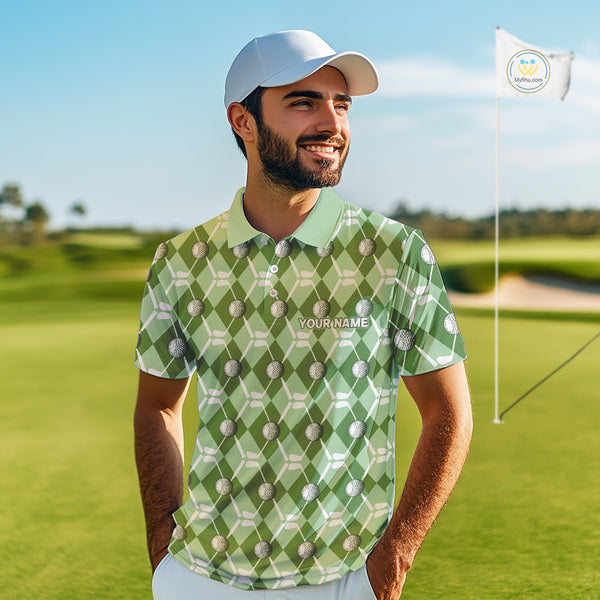 Mens golf polo shirts custom green argyle plaid pattern golf attire for men, golfer gifts NQS10435