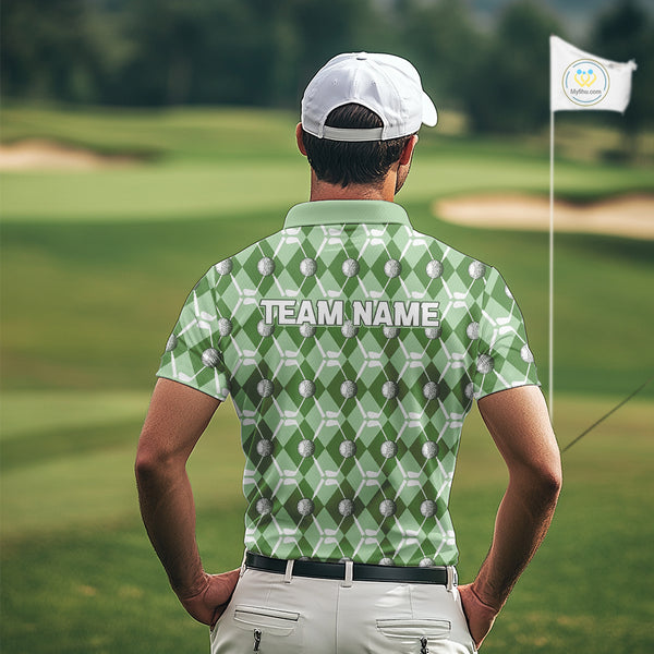 Mens golf polo shirts custom green argyle plaid pattern golf attire for men, golfer gifts NQS10435