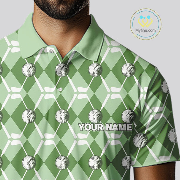 Mens golf polo shirts custom green argyle plaid pattern golf attire for men, golfer gifts NQS10435