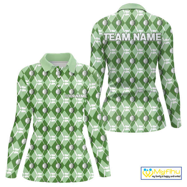 Women golf polo shirts custom green argyle plaid pattern golf attire for ladies, golfer gifts NQS10435