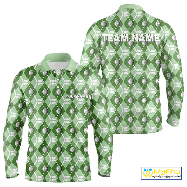 Mens golf polo shirts custom green argyle plaid pattern golf attire for men, golfer gifts NQS10435