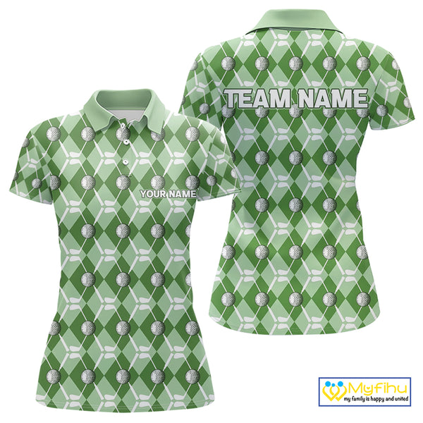 Women golf polo shirts custom green argyle plaid pattern golf attire for ladies, golfer gifts NQS10435