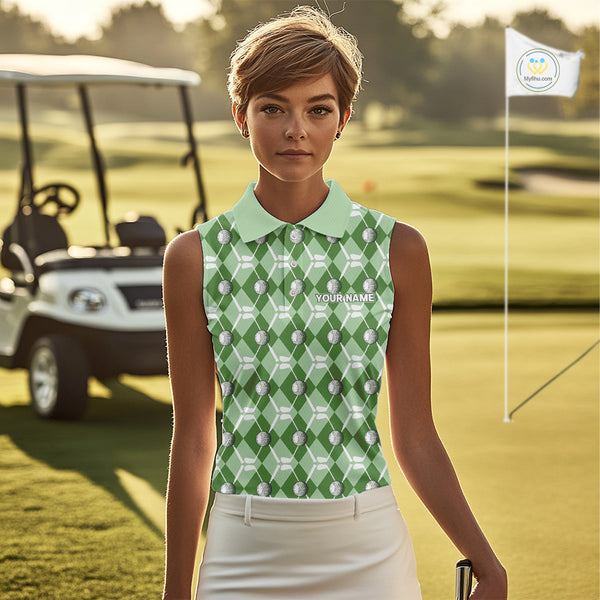 Women sleeveless polo shirt custom green argyle plaid pattern golf attire for ladies, golfer gifts NQS10435