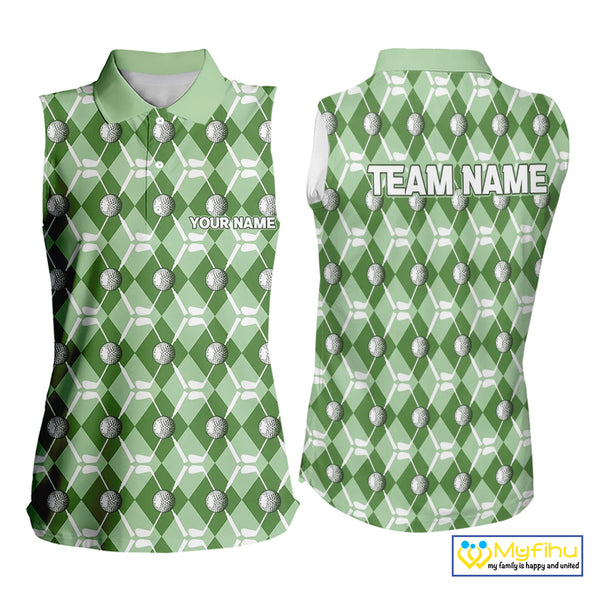 Women sleeveless polo shirt custom green argyle plaid pattern golf attire for ladies, golfer gifts NQS10435