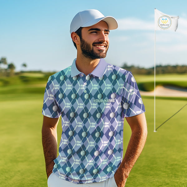 Mens golf polo shirts custom blue argyle plaid pattern golf attire for men, golfer gifts NQS10434