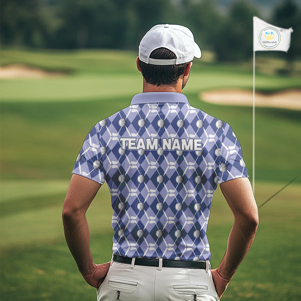 Mens golf polo shirts custom blue argyle plaid pattern golf attire for men, golfer gifts NQS10434