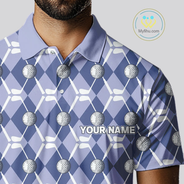Mens golf polo shirts custom blue argyle plaid pattern golf attire for men, golfer gifts NQS10434