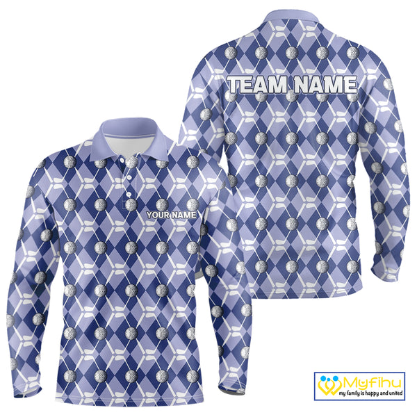 Mens golf polo shirts custom blue argyle plaid pattern golf attire for men, golfer gifts NQS10434