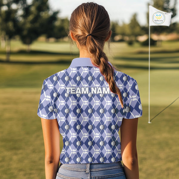Women golf polo shirts custom blue argyle plaid pattern golf attire for ladies, golfer gifts NQS10434