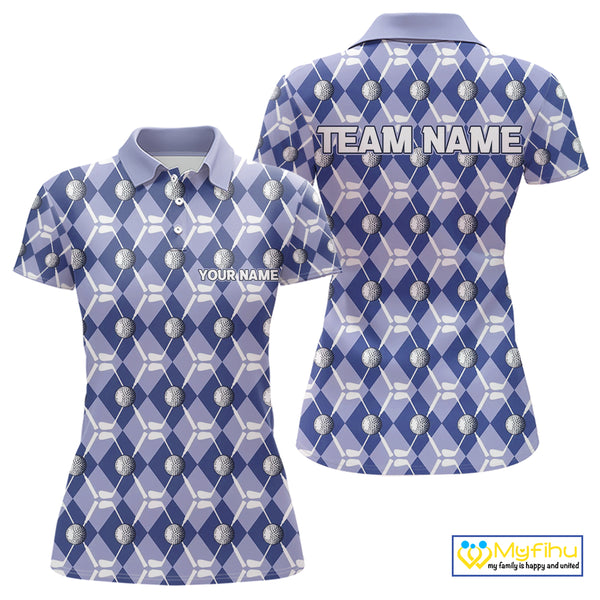 Women golf polo shirts custom blue argyle plaid pattern golf attire for ladies, golfer gifts NQS10434