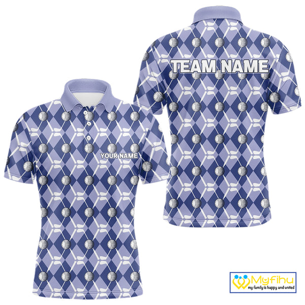 Mens golf polo shirts custom blue argyle plaid pattern golf attire for men, golfer gifts NQS10434