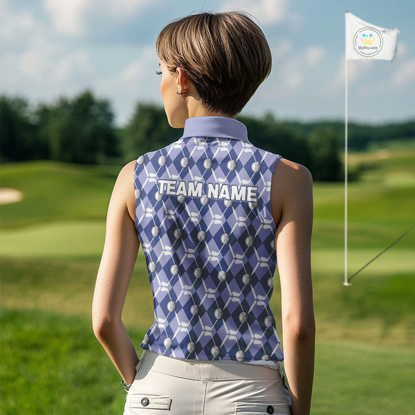 Women sleeveless polo shirt custom blue argyle plaid pattern golf attire for ladies, golfer gifts NQS10434