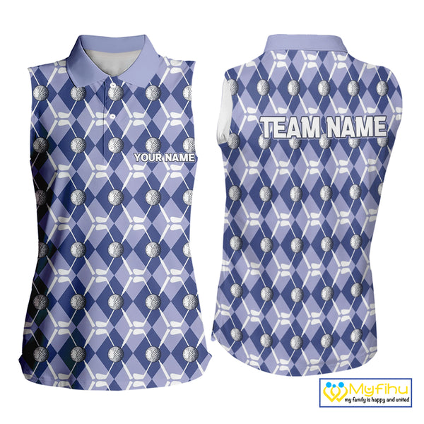 Women sleeveless polo shirt custom blue argyle plaid pattern golf attire for ladies, golfer gifts NQS10434