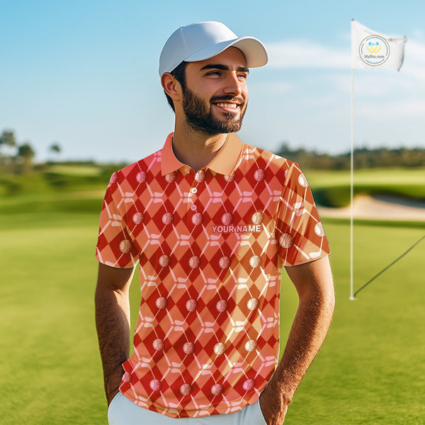 Mens golf polo shirts custom orange argyle plaid pattern golf attire for men, golfer gifts NQS10436