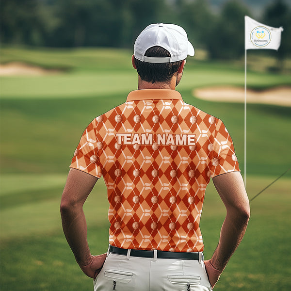 Mens golf polo shirts custom orange argyle plaid pattern golf attire for men, golfer gifts NQS10436
