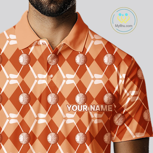 Mens golf polo shirts custom orange argyle plaid pattern golf attire for men, golfer gifts NQS10436