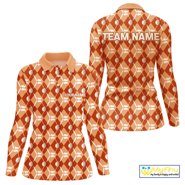 Women golf polo shirts custom orange argyle plaid pattern golf attire for ladies, golfer gifts NQS10436