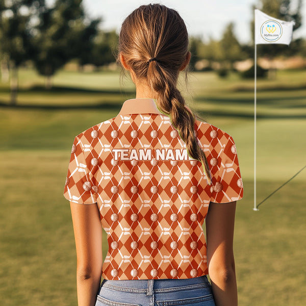 Women golf polo shirts custom orange argyle plaid pattern golf attire for ladies, golfer gifts NQS10436