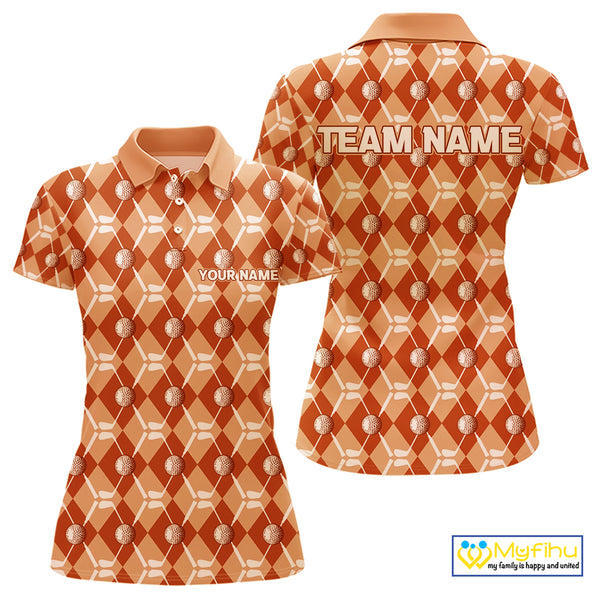 Women golf polo shirts custom orange argyle plaid pattern golf attire for ladies, golfer gifts NQS10436