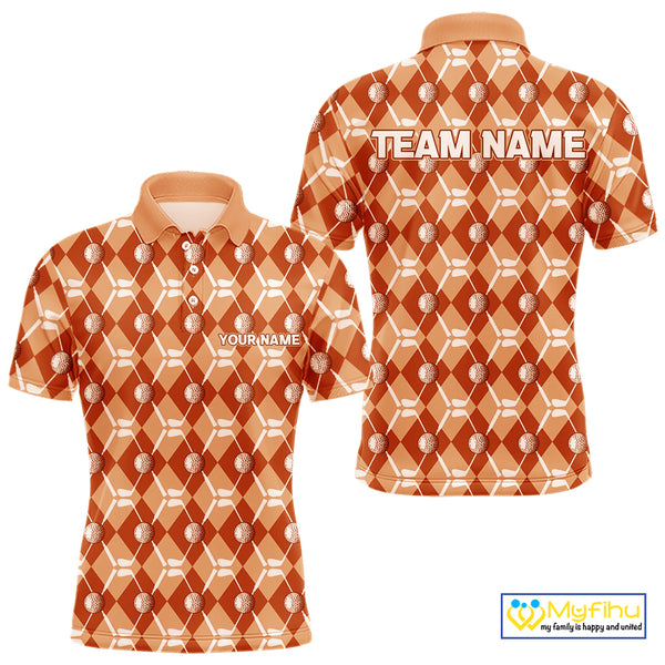 Mens golf polo shirts custom orange argyle plaid pattern golf attire for men, golfer gifts NQS10436