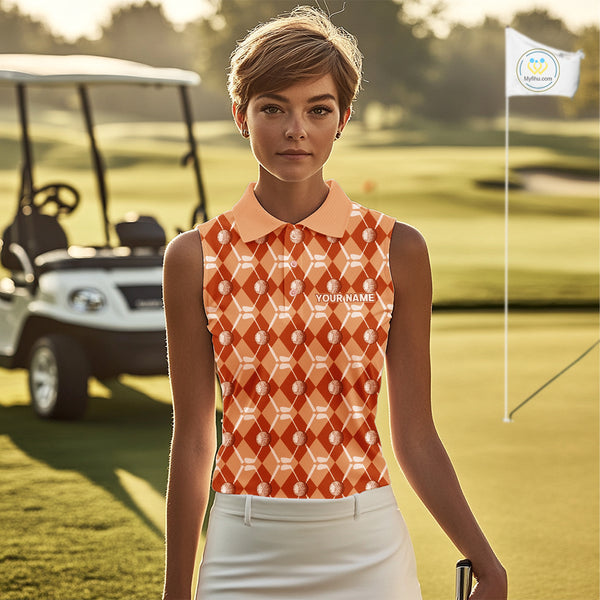 Women sleeveless polo shirt custom orange argyle plaid pattern golf attire for ladies, golfer gifts NQS10436