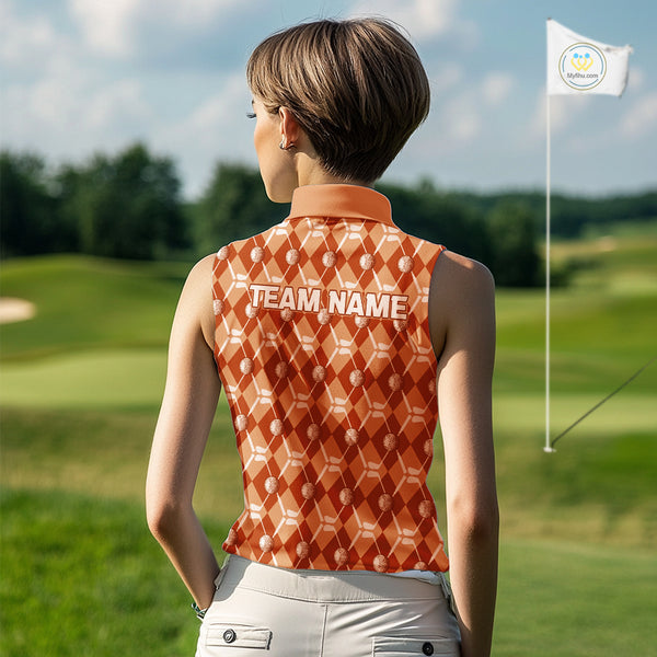 Women sleeveless polo shirt custom orange argyle plaid pattern golf attire for ladies, golfer gifts NQS10436