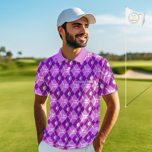 Mens golf polo shirts custom light purple argyle plaid pattern golf attire for men, golfer gifts NQS10437