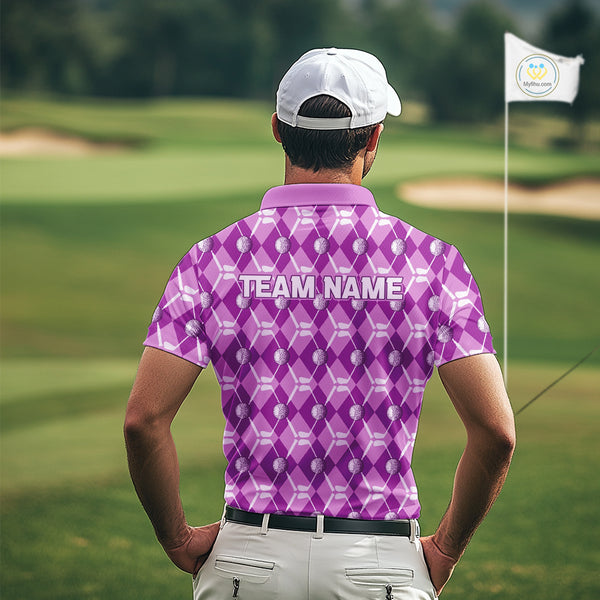 Mens golf polo shirts custom light purple argyle plaid pattern golf attire for men, golfer gifts NQS10437
