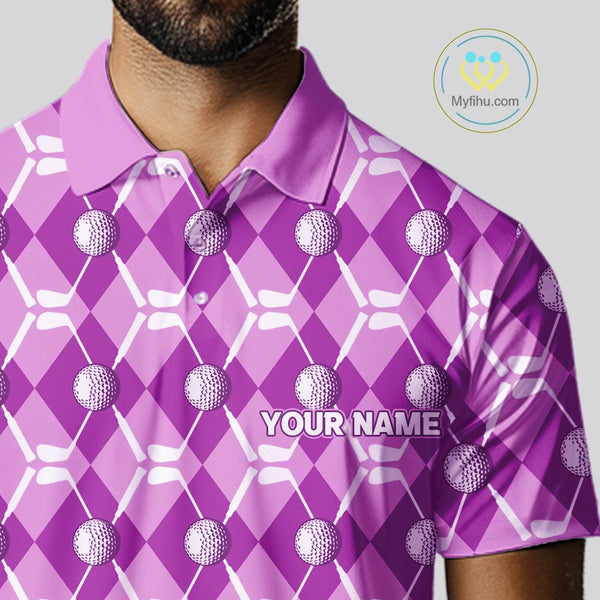 Mens golf polo shirts custom light purple argyle plaid pattern golf attire for men, golfer gifts NQS10437