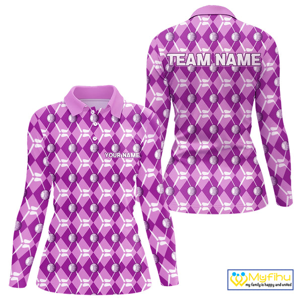 Women golf polo shirts custom light purple argyle plaid pattern golf attire for ladies, golfer gifts NQS10437