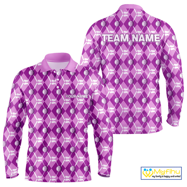 Mens golf polo shirts custom light purple argyle plaid pattern golf attire for men, golfer gifts NQS10437