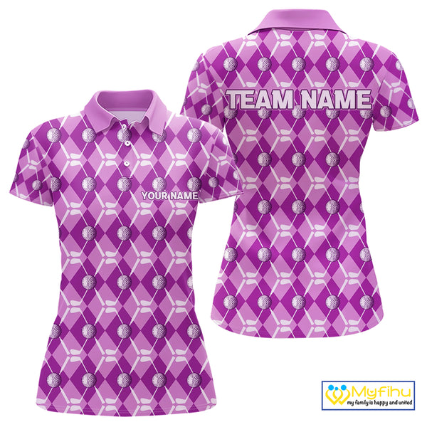 Women golf polo shirts custom light purple argyle plaid pattern golf attire for ladies, golfer gifts NQS10437