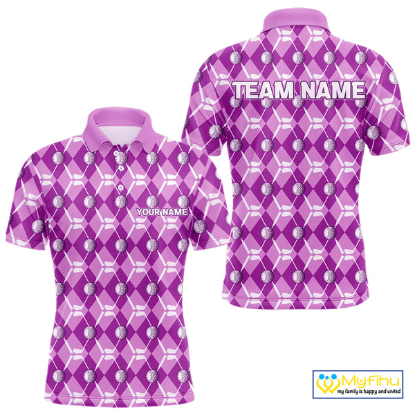 Mens golf polo shirts custom light purple argyle plaid pattern golf attire for men, golfer gifts NQS10437